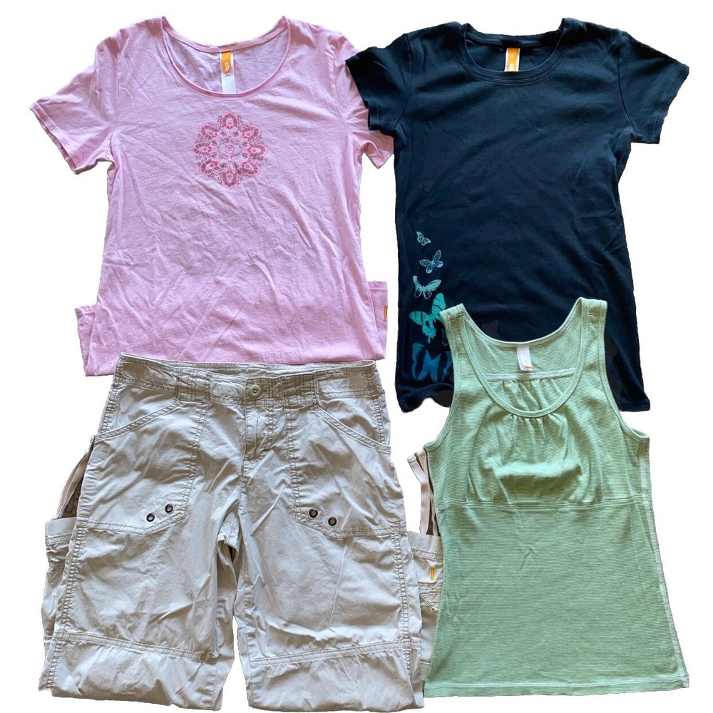 Lucy Activewear Woman's Small 2 Tee's 1 Tank & 1 Cargo Pant 4 piece Lot EUC